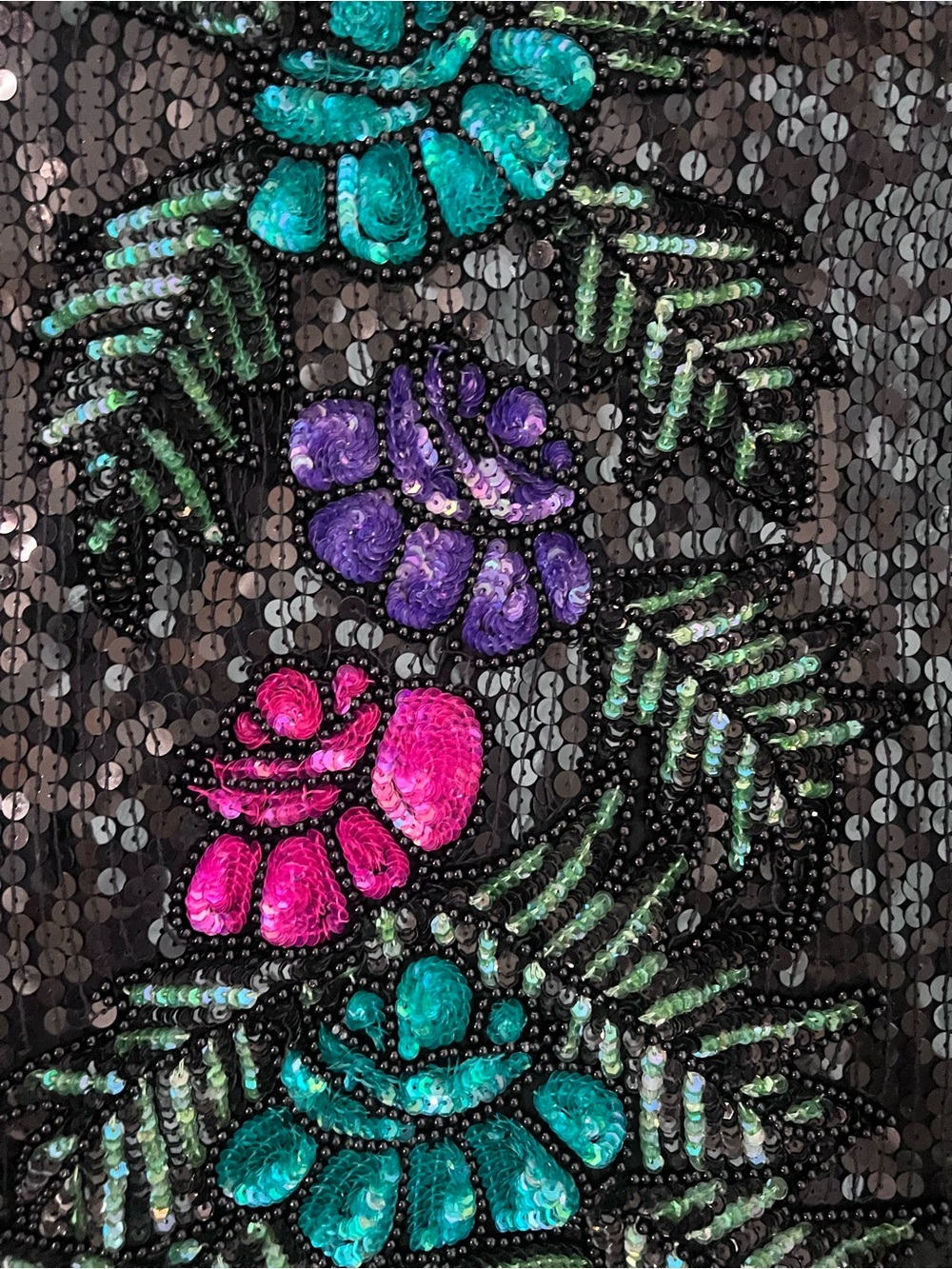 Stenay Silk Black Sequin V-Neck Top with Teal, Purple & Pink Floral Accents M